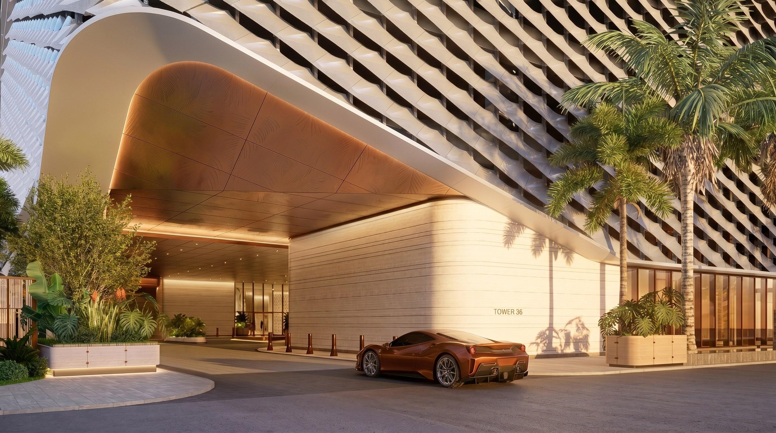 The covered motor court at Anantara Residences Miami