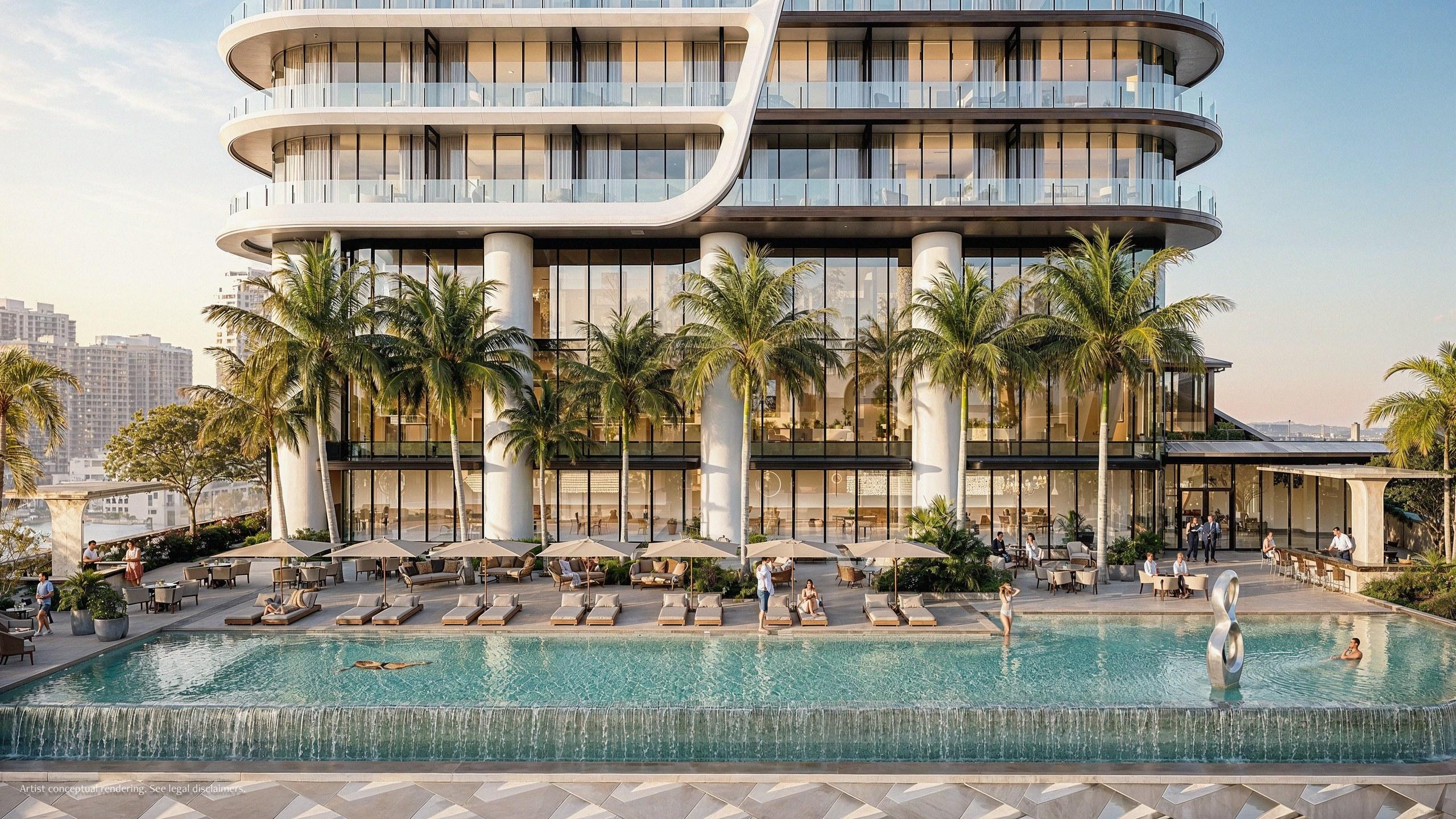 The amenity pool deck with sculpture at Anantara Residences Miami