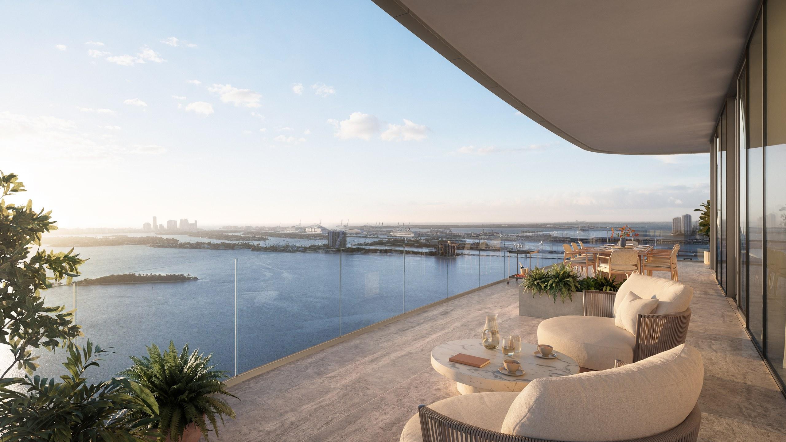 A private balcony at LiLLi Edgewater set for lounging above the bay
