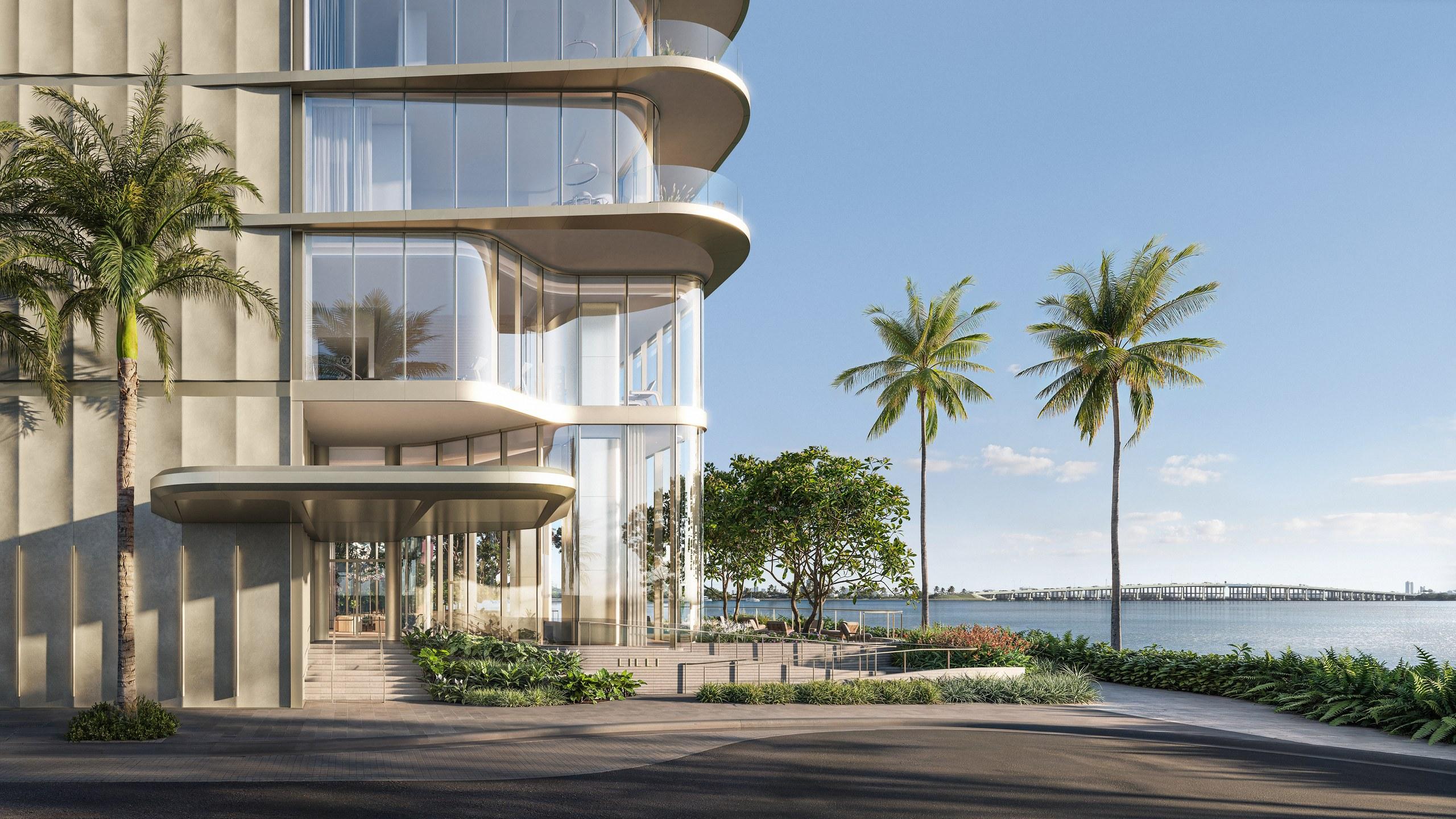 The palm-lined arrival entrance at the base of LiLLi Edgewater