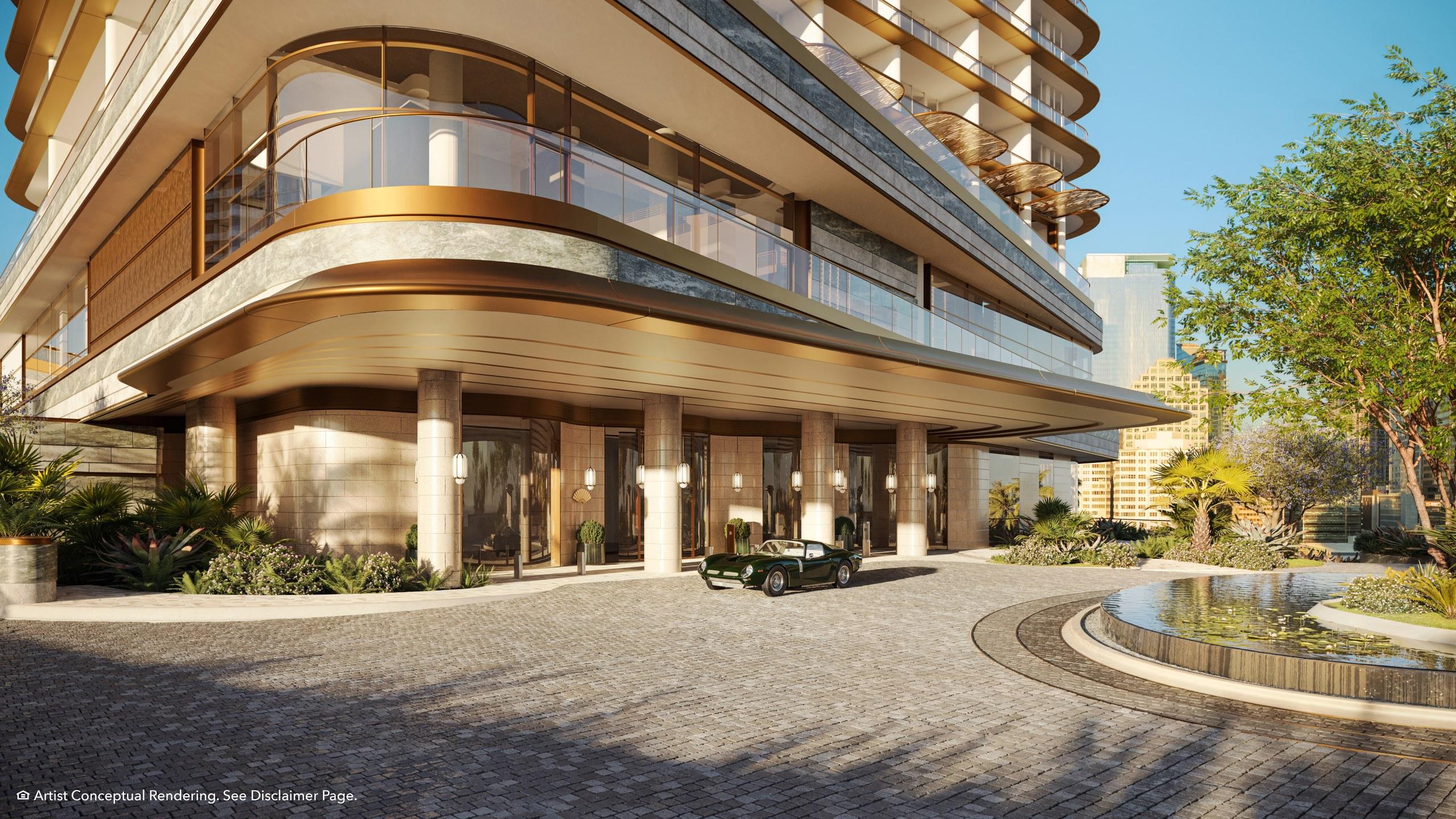 The hotel arrival court at The Residences at Mandarin Oriental, Miami