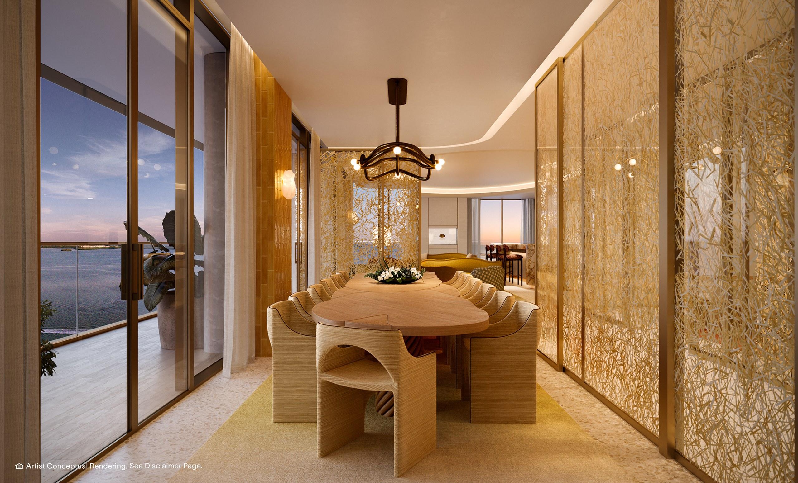 A private dining room on Level 19, screened in bronze, at Mandarin Oriental Residences