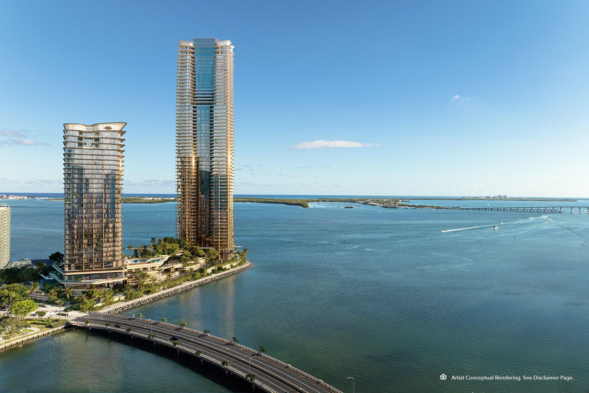 The Mandarin Oriental towers on Brickell Key seen across Biscayne Bay