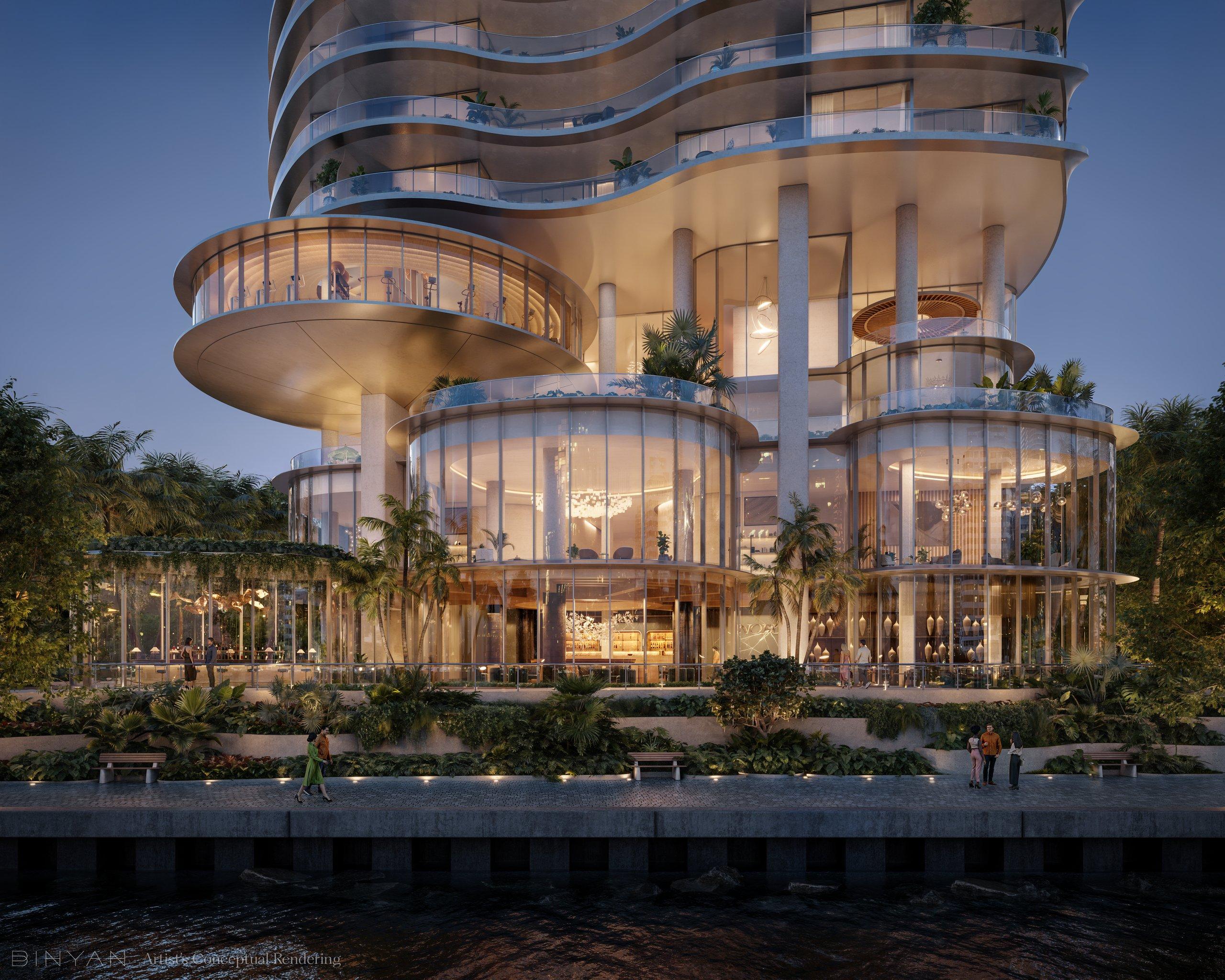 The bayfront boardwalk and promenade along Biscayne Bay at the base of 619 Brickell
