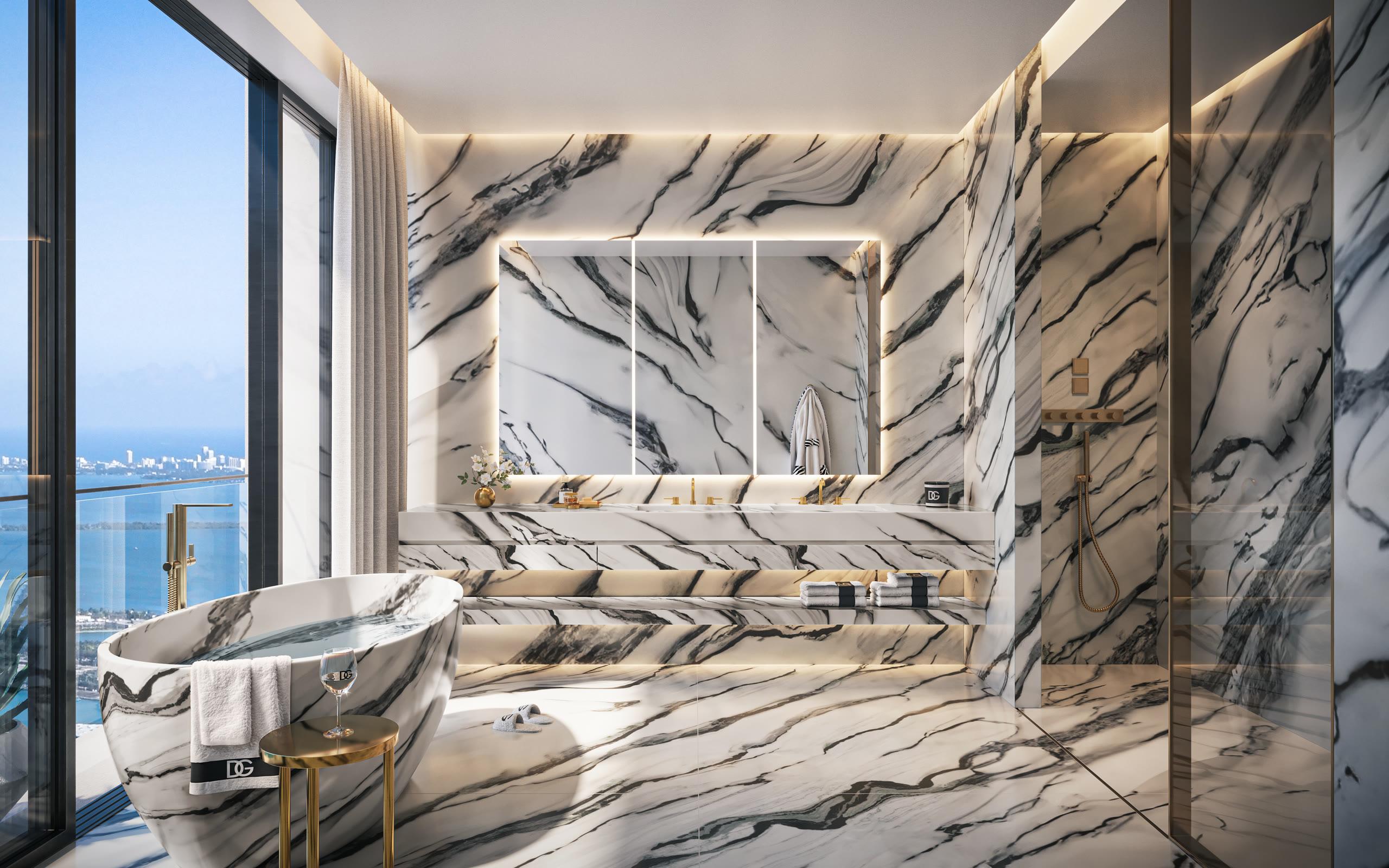 A white stone bathroom in a Dolce & Gabbana residence at 888 Brickell