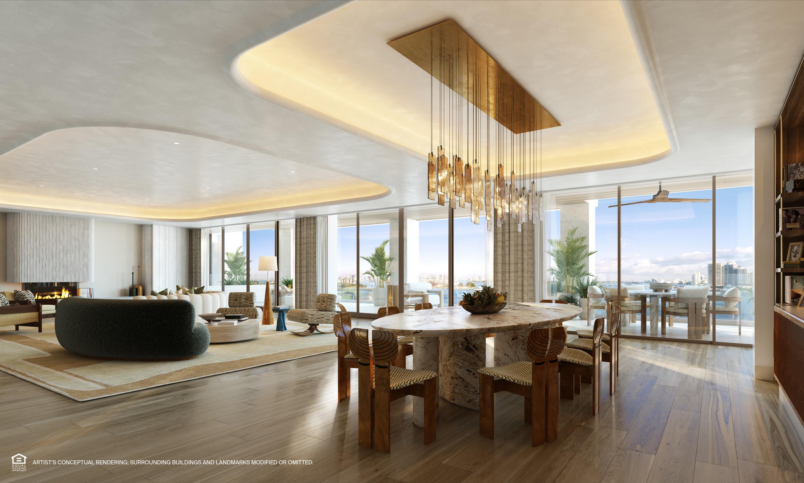 Great room with floor-to-ceiling windows opening onto a private terrace and water views