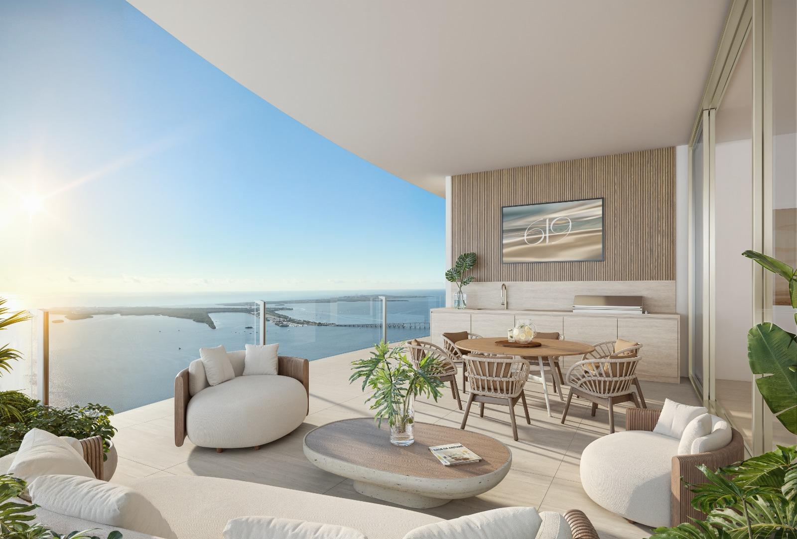 A curved residence terrace at 619 Brickell looking out over Biscayne Bay