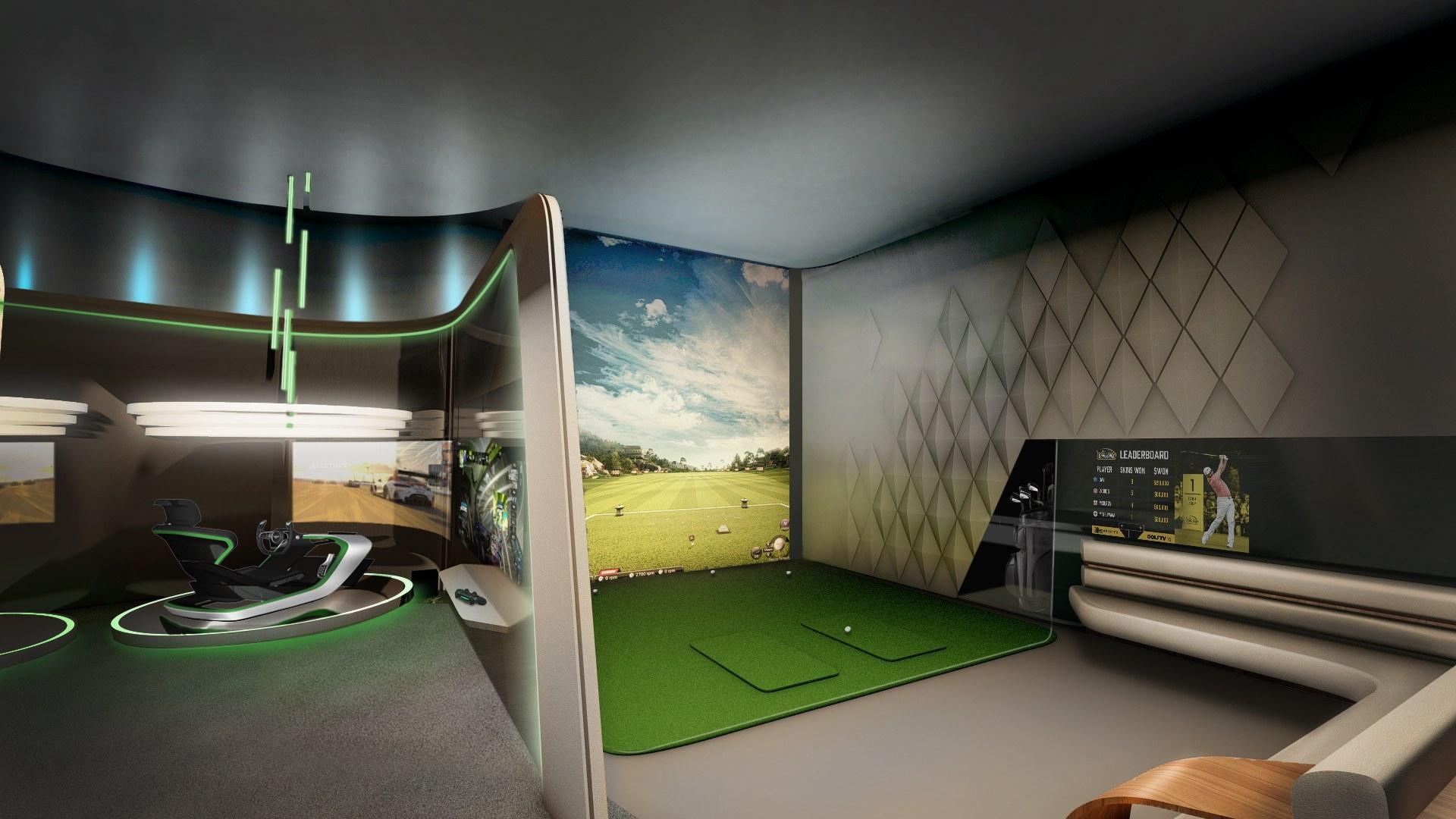 Gaming lounge at Bentley Residences with racing and golf simulators