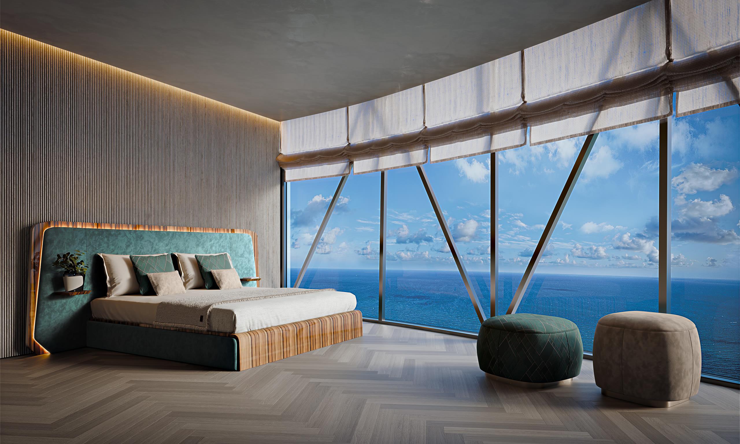Bentley Residences interior with floor-to-ceiling glass framing the Atlantic Ocean