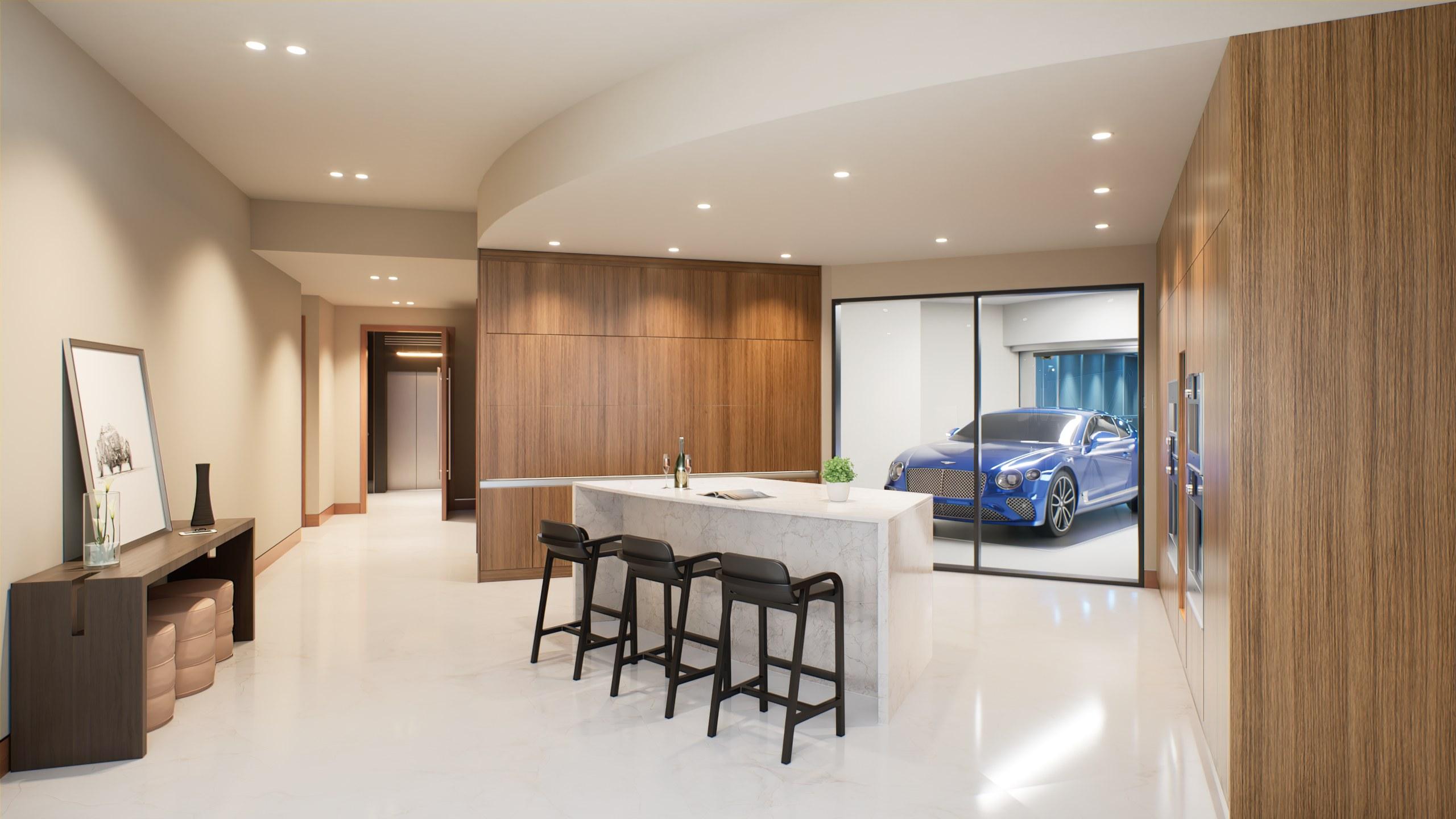 Residence kitchen and gallery hall at Bentley Residences, a car visible in the private sky garage beyond
