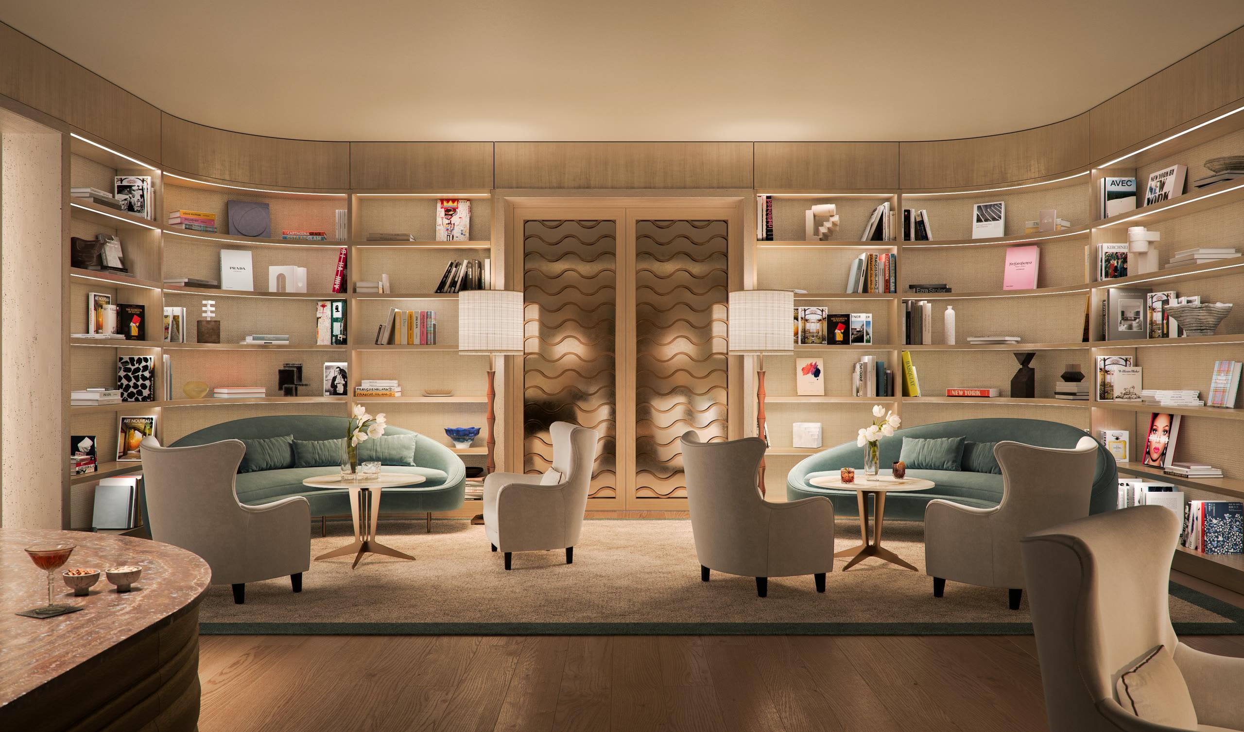 Residents' lounge with bay views and warm natural finishes