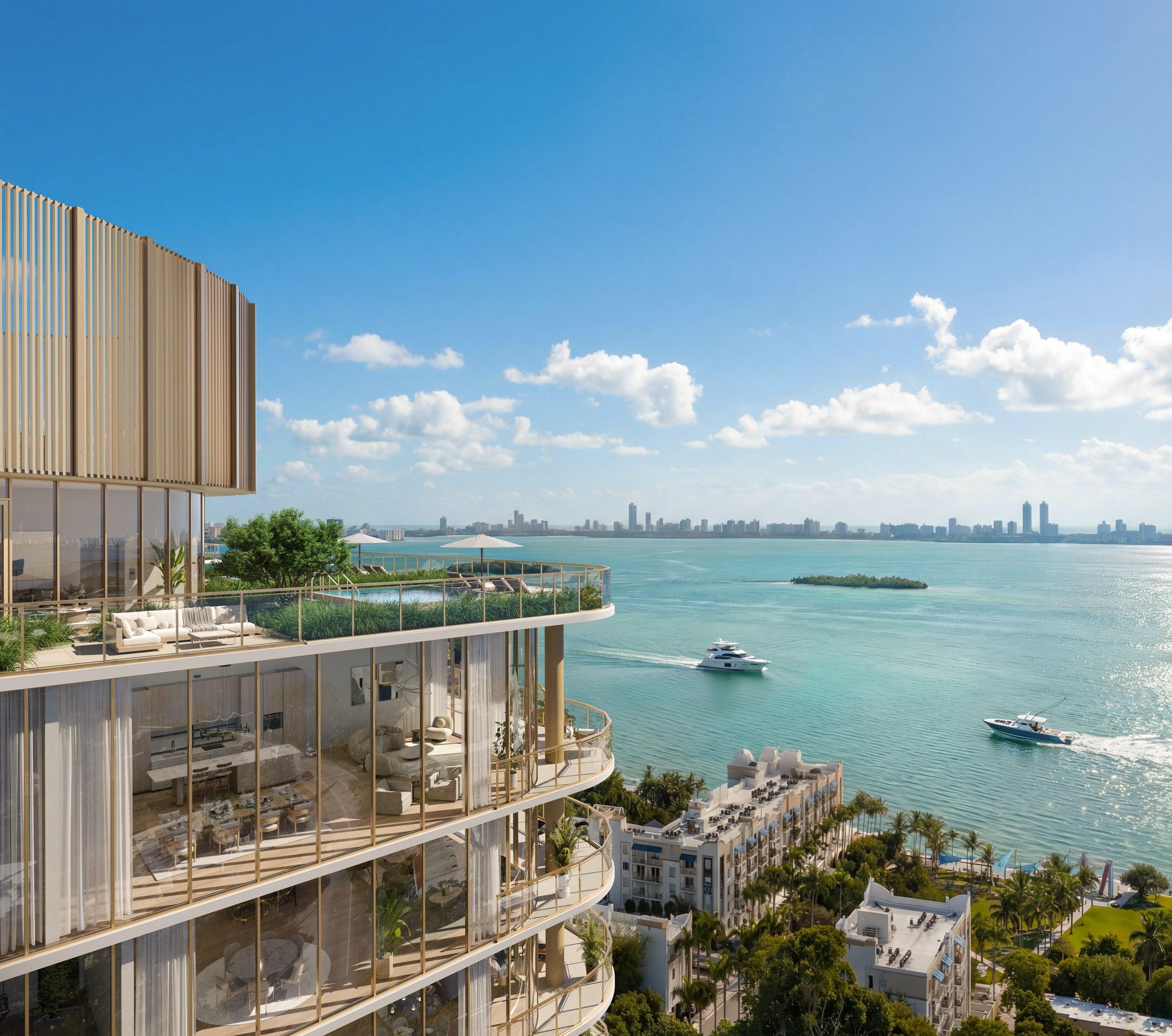 Upper-floor terraces and pool deck at Kempinski Residences, looking out over Biscayne Bay
