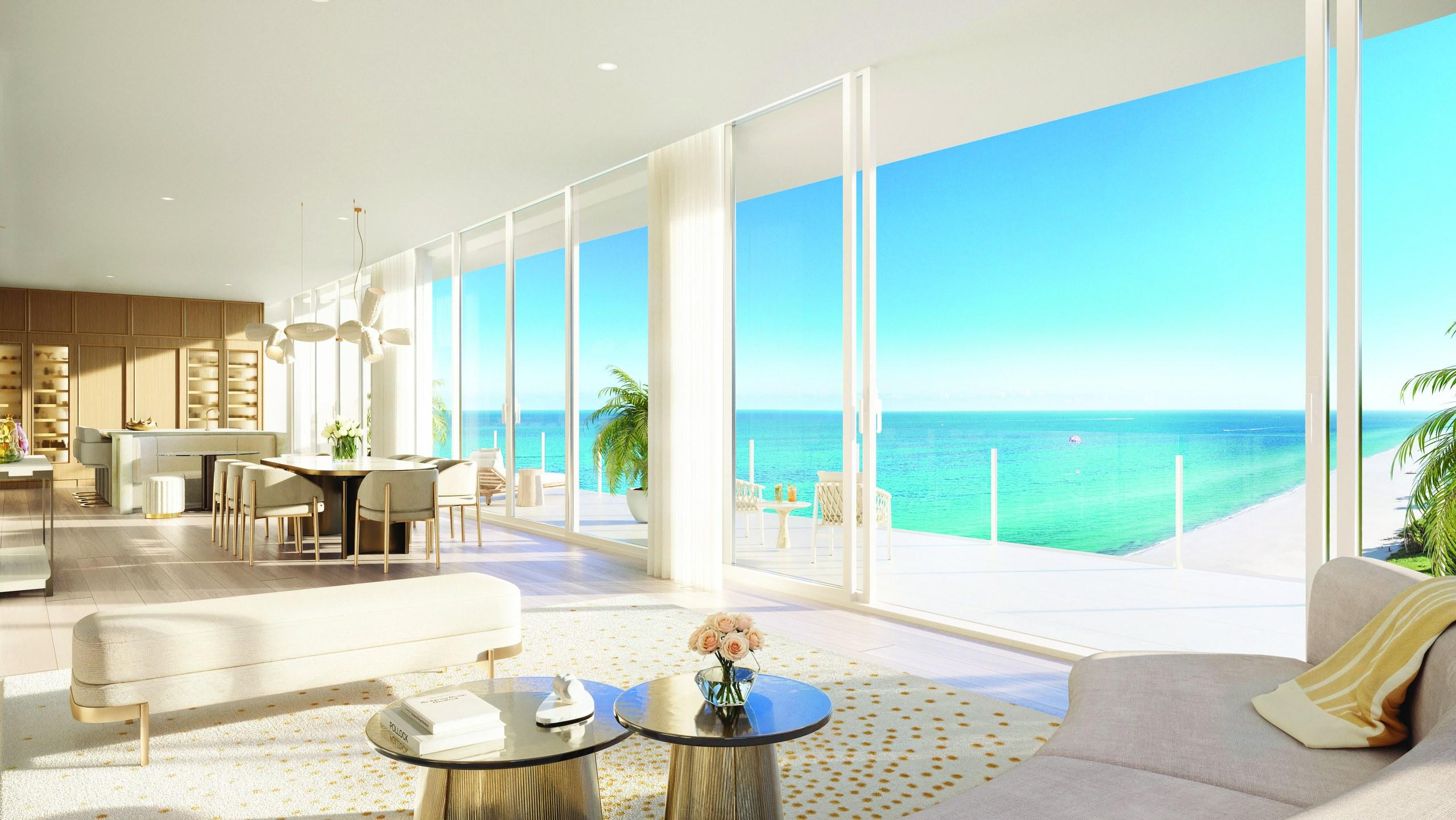 A great room with floor-to-ceiling Atlantic Ocean views at the Ritz-Carlton Residences, South Beach