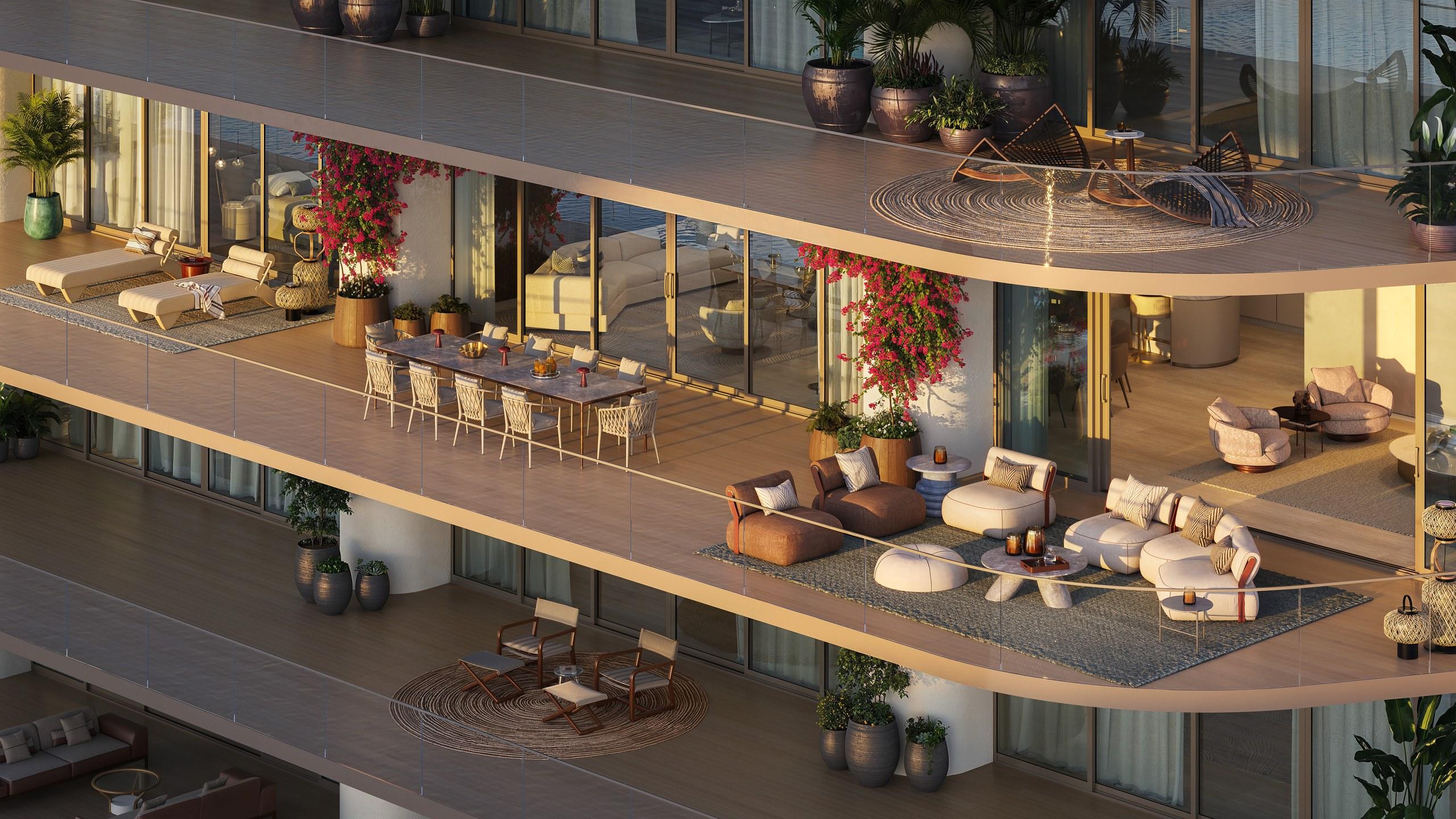 Planted residence terraces at the St. Regis North Tower, set for dining above the ocean